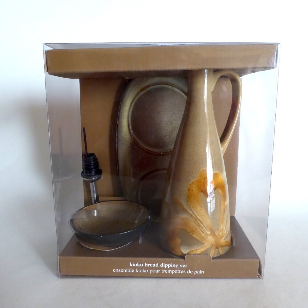 NEW STONEWARE KIOKO BREAD DIPPING OLIVE OIL DISPENSER CRUET BOWL TRAY GIFT SET